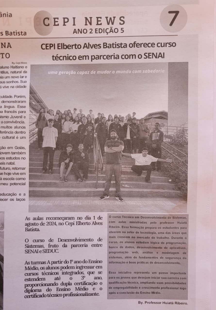Matéria do jornal CEPI News sobre o curso Técnico em Desenvolvimento de Sistemas, assinada pelo professor Huiatã Ribeiro